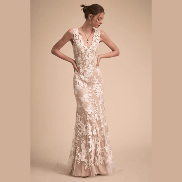BHLDN Anthropologie Liesel Gown Lace Reversible Ivory/Nude Lining US 10 NWT - Picture 1 of 12